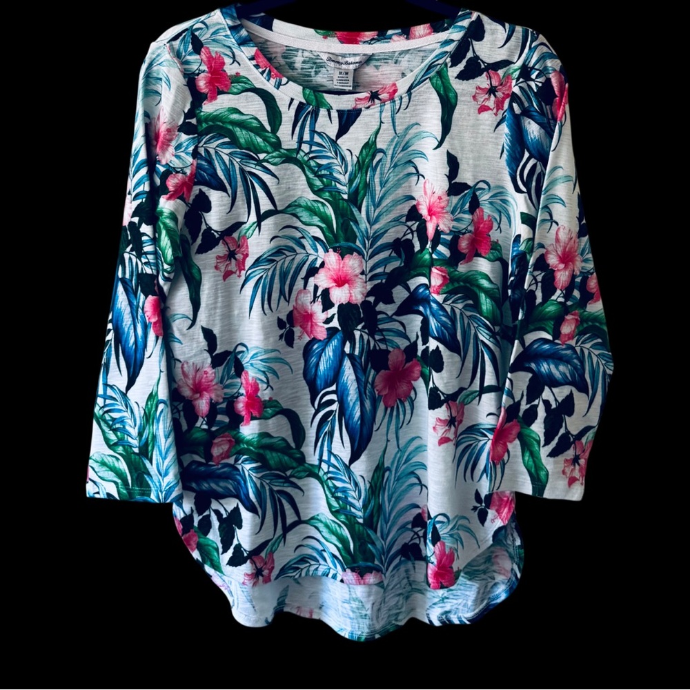 Tommy Bahama Women’s Floral 3/4 Sleeve Top - Blue, Green, Pink, 100% Cotton. M